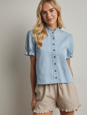 Dana Ruffle Button Denim Top