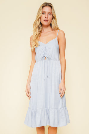 Denim Keyhole Drawstring Dress