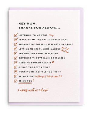 Mom Thank You Checklist  Card