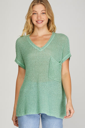Sage Open-Knit Pocket Sweater