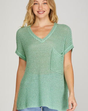 Sage Open-Knit Pocket Sweater