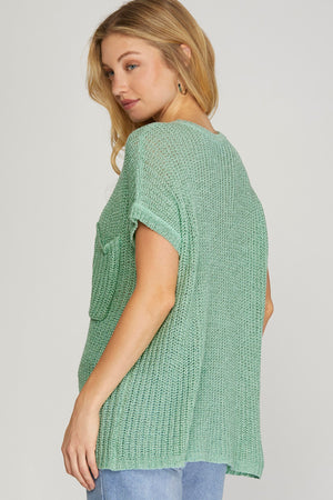 Sage Open-Knit Pocket Sweater