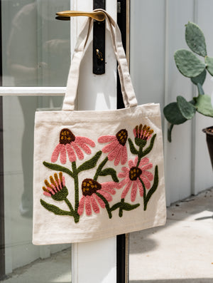 Embroidered Coneflowers Canvas Tote Bag