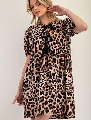 Leopard Ribbon Tie Front Mini Dress