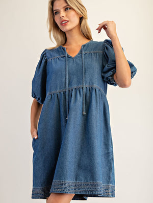 Denim V-Neck Puff Sleeve Mini Dress