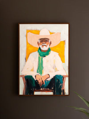 Framed Sitting Cowboy Painting