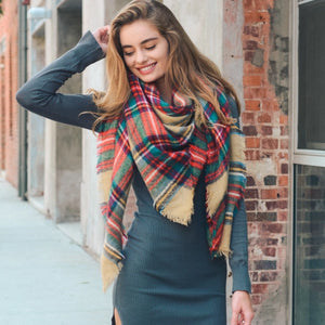 Camel Plaid Blanket Scarf