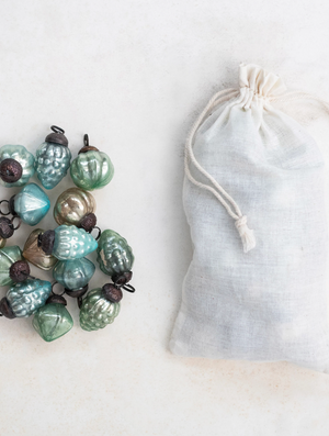 Embossed Teal Mercury Glass Ornaments in Muslin Bag (S/36)