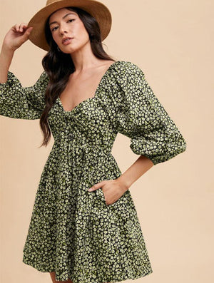 Bow Front Ditsy Floral Mini Dress