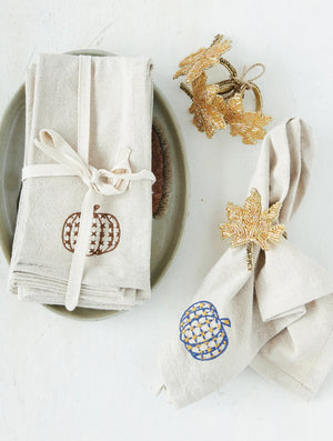 Woven Cotton Chambray Napkins with Embroidered Pumpkins