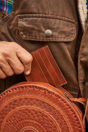 Leather Embossed Cognac Crossbody Circle Bag