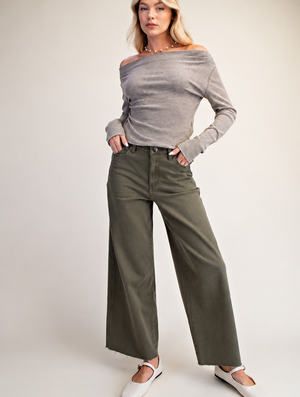 Faded Olive Relaxed Crop Washed Twill Pants