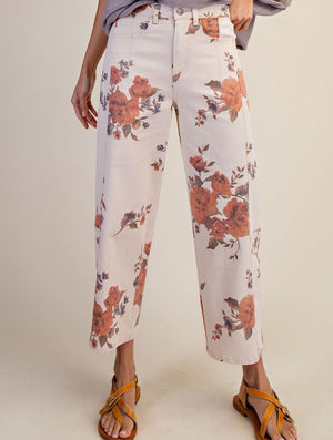 Floral Printed Washed Twill Barrel Pant