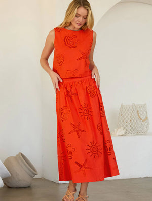 Embroidered Coral Starfish Midi Skirt