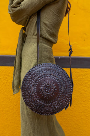 Leather Embossed Crossbody Circle Bag