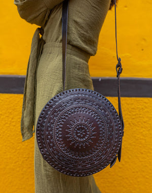 Leather Embossed Crossbody Circle Bag