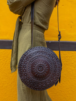 Leather Embossed Crossbody Circle Bag